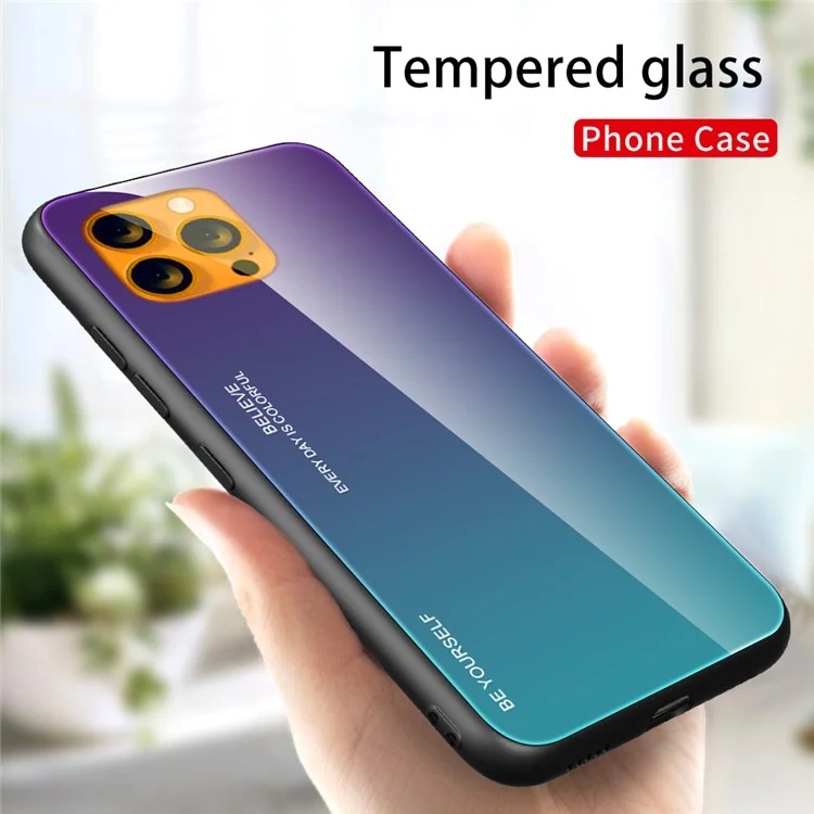 Gradient 9H Härte gehärtetes Glas + TPU kratzfeste, stoßfeste dünne leichte Hybrid-Handyhülle für iPhone 13 6.1 Zoll - Lila/Blau