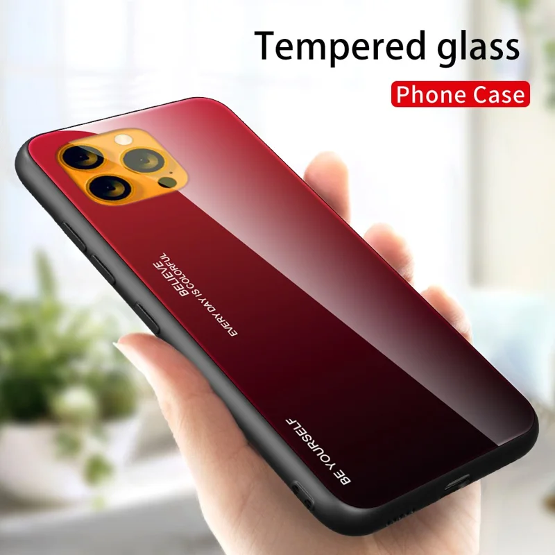 Gradient 9H Hardness Tempered Glass + TPU Scratch-Resistant Anti-Drop Thin Light Hybrid Phone Cover Case for iPhone 13 6.1 inch - Red/Black