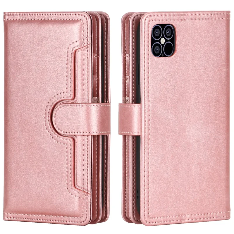 Multiple Card Slots Split Leather Stand Phone Case Shell with Wrist Strap for iPhone 13 mini 5.4 inch - Rose Gold