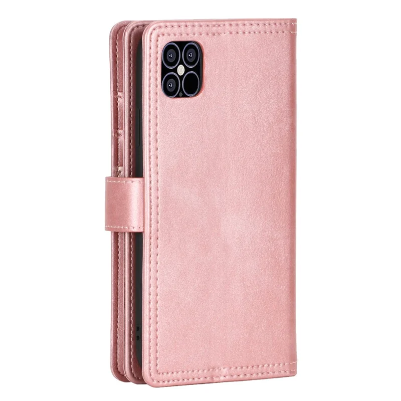 Multiple Card Slots Split Leather Stand Phone Case Shell with Wrist Strap for iPhone 13 mini 5.4 inch - Rose Gold