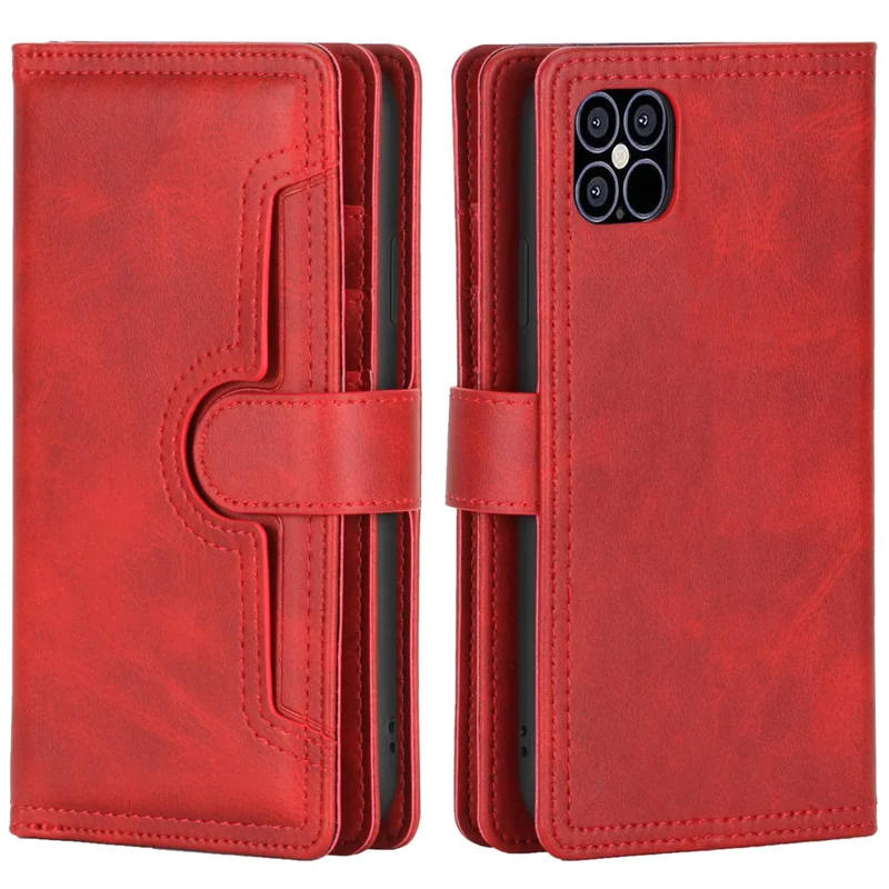 Full Protection Split Leather Phone Shell Case with Multiple Card Slots for iPhone 13 Pro 6.1 inch - Red