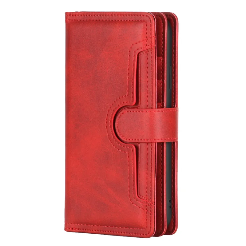 Full Protection Split Leather Phone Shell Case with Multiple Card Slots for iPhone 13 Pro 6.1 inch - Red
