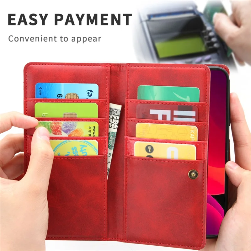 Full Protection Split Leather Phone Shell Case with Multiple Card Slots for iPhone 13 Pro 6.1 inch - Red