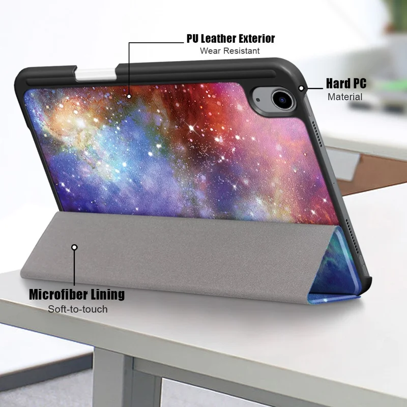 Pattern Printing Tri-Fold Stand Auto Wake / Sleep Leather Case for iPad mini (2024) / mini (2021) - Galaxy