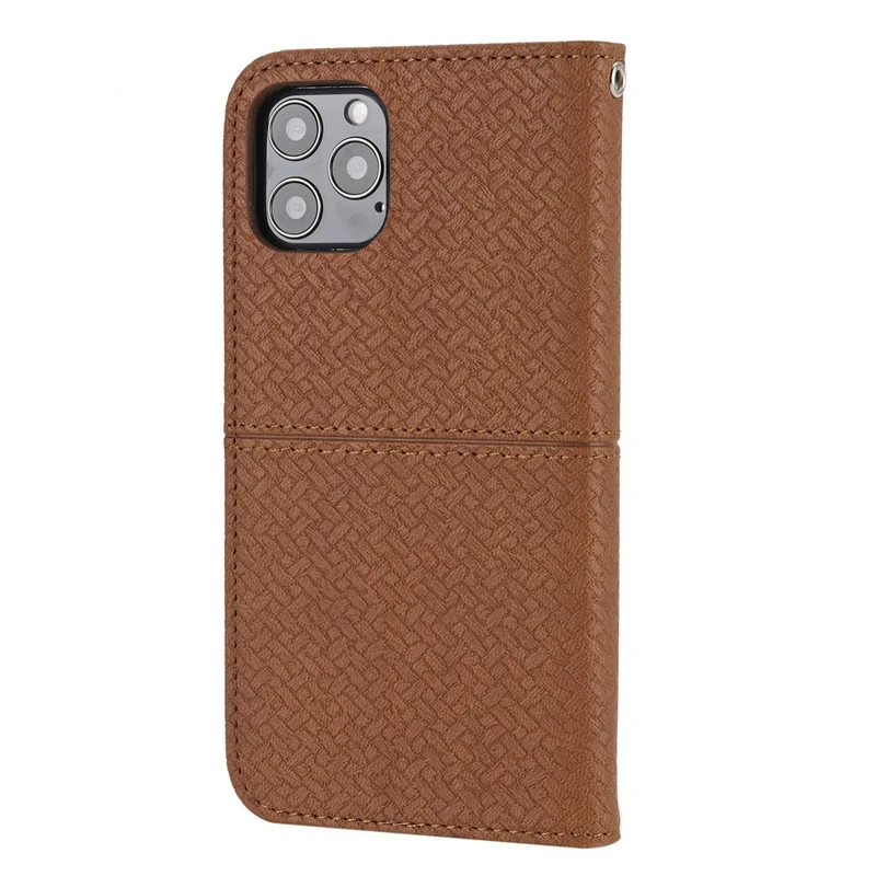 Woven Texture Wallet Stand Leather Case with Handy Strap for iPhone 12 / 12 Pro 6.1 inch - Brown