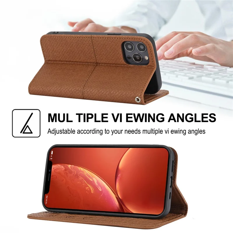 Woven Texture Wallet Stand Leather Case with Handy Strap for iPhone 12 / 12 Pro 6.1 inch - Brown