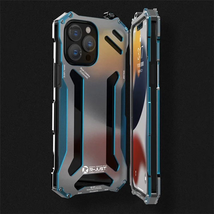 R-just Hollow Design Aluminum Metal Case Shockpereper Shockged Защитный Защитный Крышка Для Iphone 13 Pro 6,1 Дюйма - Синий