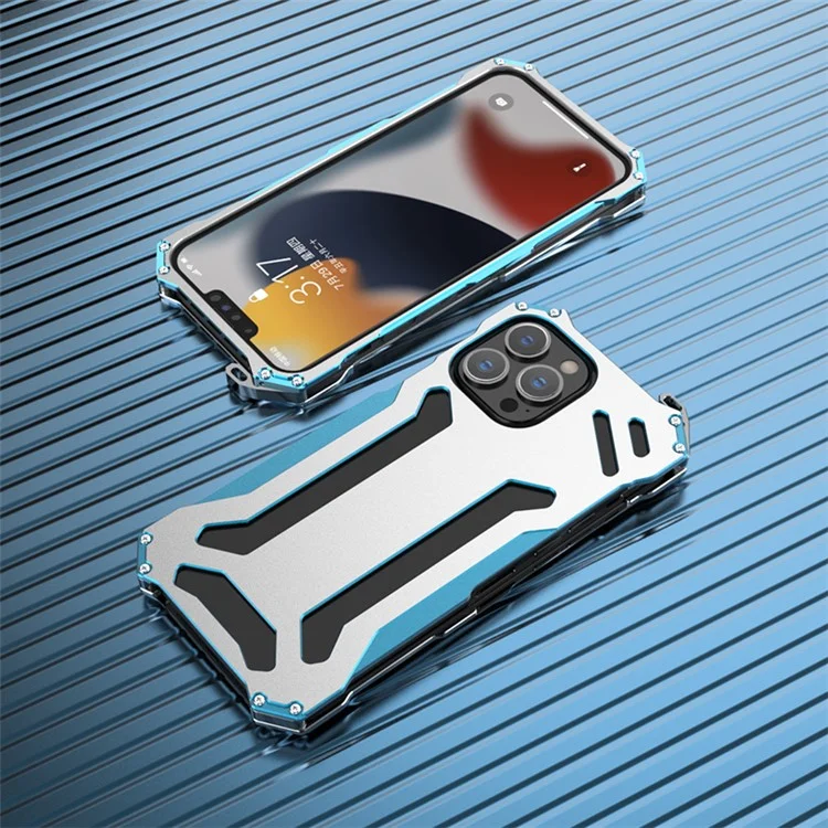 R-just Hollow Design Aluminum Metal Case Shockpereper Shockged Защитный Защитный Крышка Для Iphone 13 Pro 6,1 Дюйма - Синий