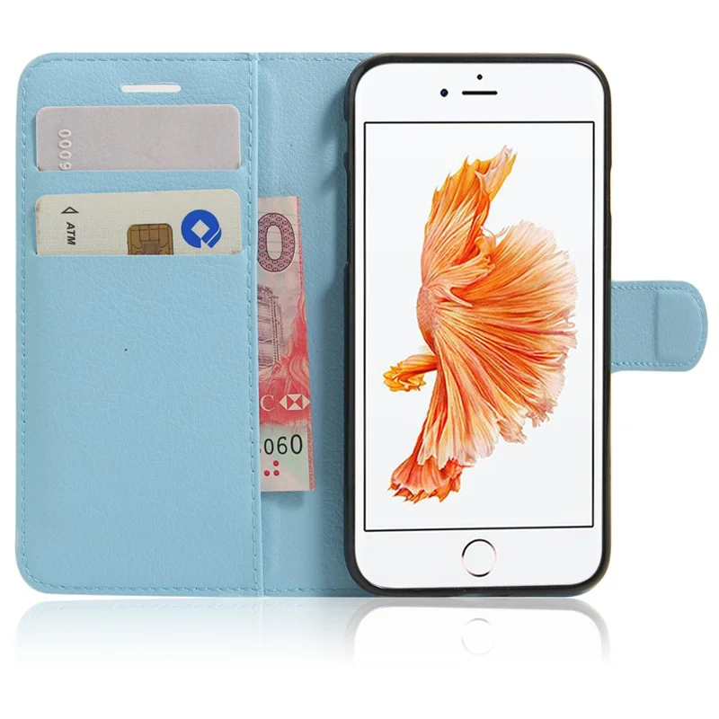 Litchi Grain Leather Wallet Case Flip Folio Stand Protective Cover for iPhone SE 2nd Gen (2020)/SE (2022)/8/7 4.7 inch - Blue