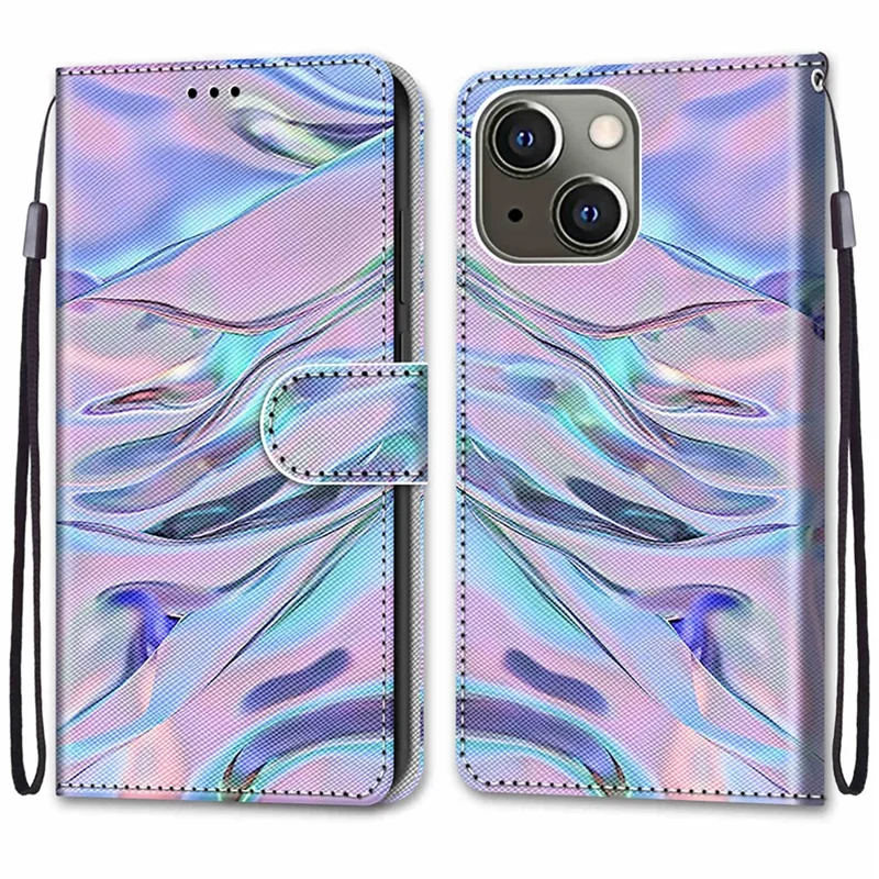 Pattern Printing PU Leather Stand Wallet Case Phone Cover for iPhone 13 6.1 inch - Fluorescent Watermark