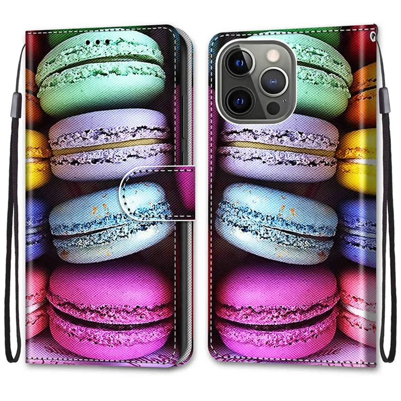 Unique Pattern Printing All-Inclusive Leather Cover Wallet Phone Case with Foldable Stand and Handy Strap for iPhone 13 Pro Max 6.7 inch - Macaron
