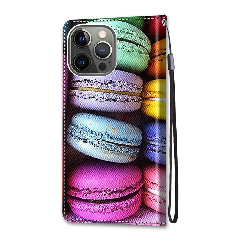 Unique Pattern Printing All-Inclusive Leather Cover Wallet Phone Case with Foldable Stand and Handy Strap for iPhone 13 Pro Max 6.7 inch - Macaron