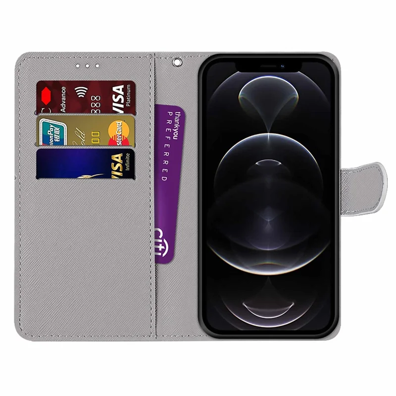 Unique Pattern Printing All-Inclusive Leather Cover Wallet Phone Case with Foldable Stand and Handy Strap for iPhone 13 Pro Max 6.7 inch - Macaron