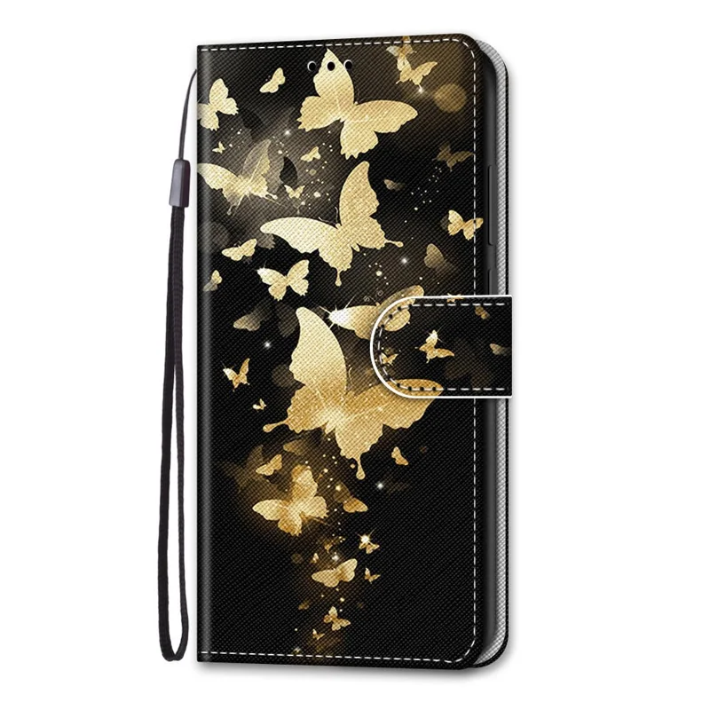 Wallet Design Pattern Printing Leather Cover Phone Case with Foldable Stand and Handy Strap for iPhone 13 Pro Max 6.7 inch - Golden Butterflies