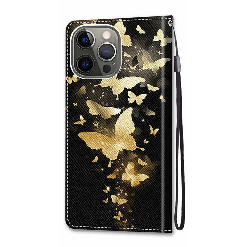 Wallet Design Pattern Printing Leather Cover Phone Case with Foldable Stand and Handy Strap for iPhone 13 Pro Max 6.7 inch - Golden Butterflies