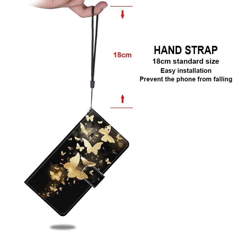 Wallet Design Pattern Printing Leather Cover Phone Case with Foldable Stand and Handy Strap for iPhone 13 Pro Max 6.7 inch - Golden Butterflies