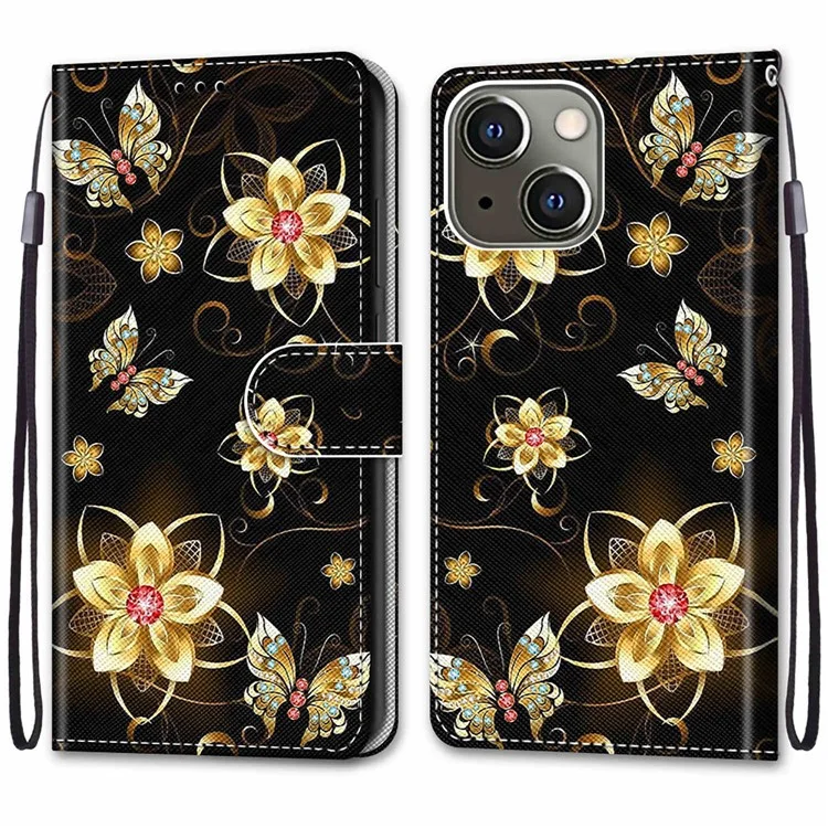 Foldable Stand Stylish Pattern Printing Shock-Proof Leather Cover Wallet Phone Case with Handy Strap for iPhone 13 6.1 inch - Golden Flowers and Butterflies