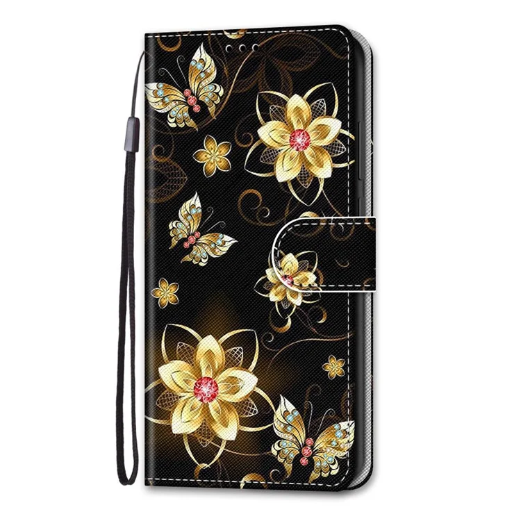Foldable Stand Stylish Pattern Printing Shock-Proof Leather Cover Wallet Phone Case with Handy Strap for iPhone 13 6.1 inch - Golden Flowers and Butterflies