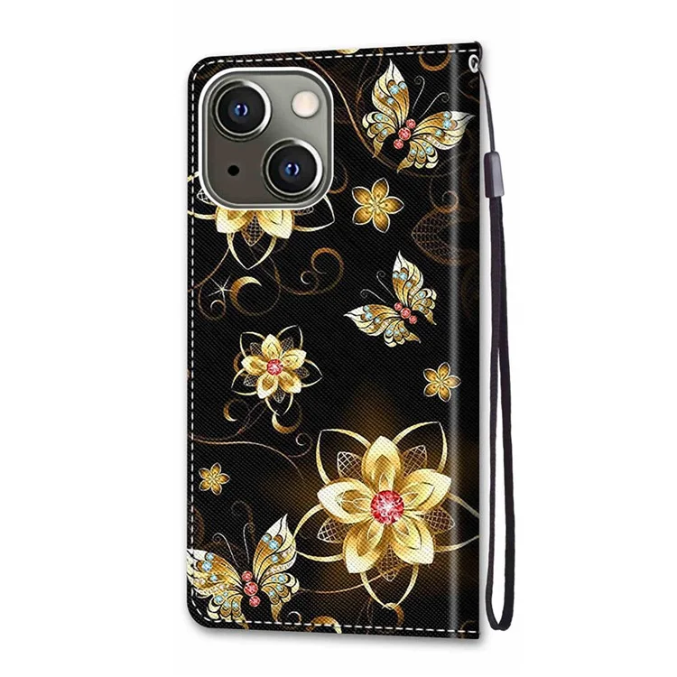 Foldable Stand Stylish Pattern Printing Shock-Proof Leather Cover Wallet Phone Case with Handy Strap for iPhone 13 6.1 inch - Golden Flowers and Butterflies