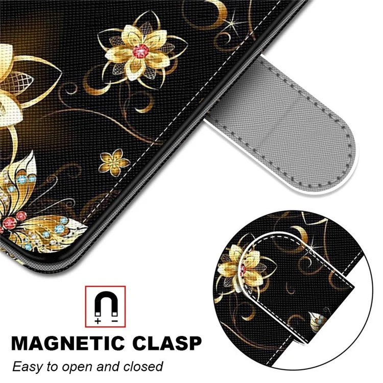 Foldable Stand Stylish Pattern Printing Shock-Proof Leather Cover Wallet Phone Case with Handy Strap for iPhone 13 6.1 inch - Golden Flowers and Butterflies