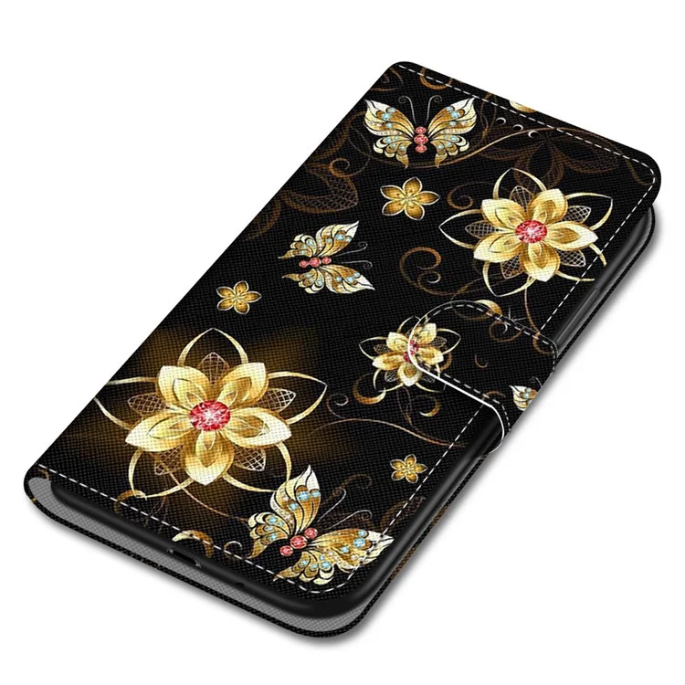 Foldable Stand Stylish Pattern Printing Shock-Proof Leather Cover Wallet Phone Case with Handy Strap for iPhone 13 6.1 inch - Golden Flowers and Butterflies