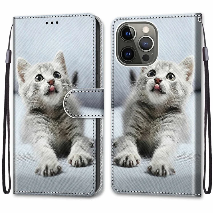 Muster-Druck-Folio-Flip Anti-Drop Leder-Cover Wallet Stand Phone Case mit praktischem Trageriemen für iPhone 13 Pro 6,1 Zoll - Graue Katze