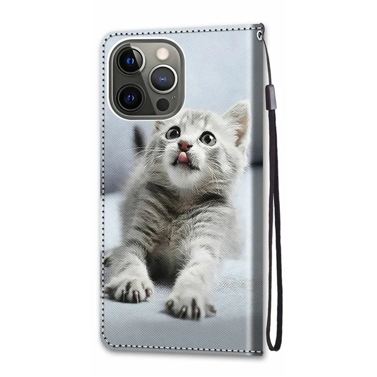 Muster-Druck-Folio-Flip Anti-Drop Leder-Cover Wallet Stand Phone Case mit praktischem Trageriemen für iPhone 13 Pro 6,1 Zoll - Graue Katze