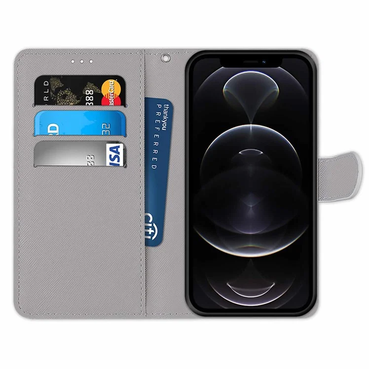 Muster-Druck-Folio-Flip Anti-Drop Leder-Cover Wallet Stand Phone Case mit praktischem Trageriemen für iPhone 13 Pro 6,1 Zoll - Graue Katze
