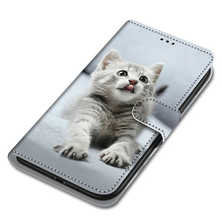 Muster-Druck-Folio-Flip Anti-Drop Leder-Cover Wallet Stand Phone Case mit praktischem Trageriemen für iPhone 13 Pro 6,1 Zoll - Graue Katze