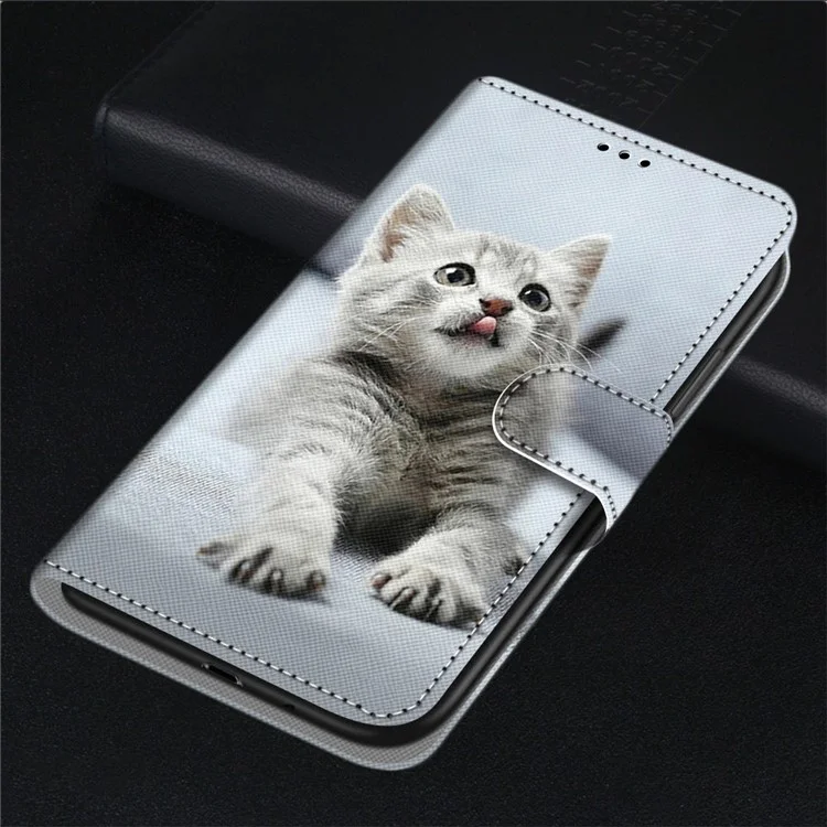 Muster-Druck-Folio-Flip Anti-Drop Leder-Cover Wallet Stand Phone Case mit praktischem Trageriemen für iPhone 13 Pro 6,1 Zoll - Graue Katze