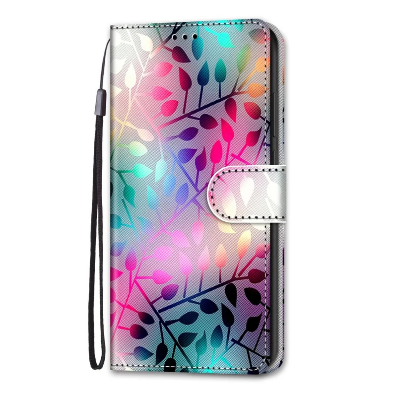 Pattern Printing Design Foldable Stand Leather Cover Wallet Phone Case with Handy Strap for iPhone 13 mini 5.4 inch - Leaves
