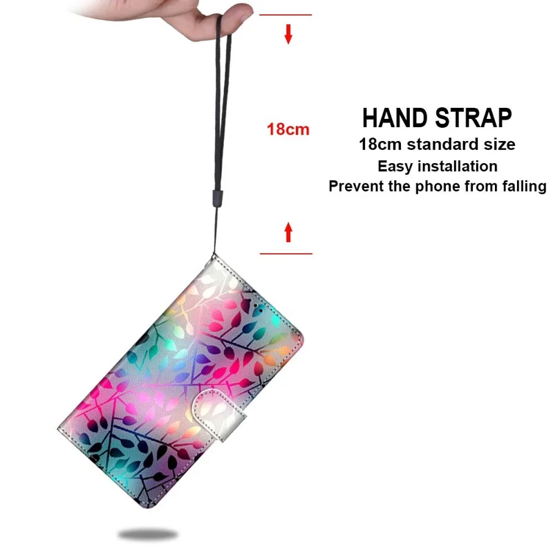 Pattern Printing Design Foldable Stand Leather Cover Wallet Phone Case with Handy Strap for iPhone 13 mini 5.4 inch - Leaves