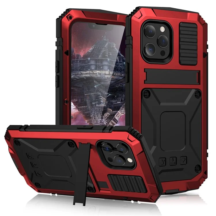 R-juste Cadre de Pare-chocs à Choc en Métal en Métal Silicone Hourning Kickstand Avec Protecteur en Verre Trempé Pour Iphone 13 Mini 5,4 Pouces - Rouge