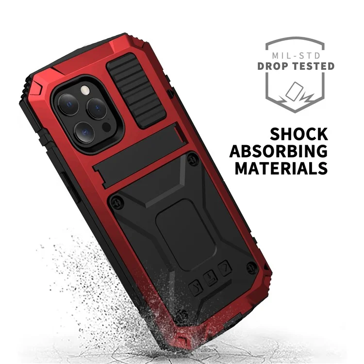 R-juste Cadre de Pare-chocs à Choc en Métal en Métal Silicone Hourning Kickstand Avec Protecteur en Verre Trempé Pour Iphone 13 Mini 5,4 Pouces - Rouge