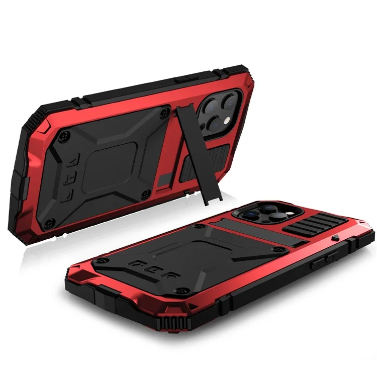 R-juste Cadre de Pare-chocs à Choc en Métal en Métal Silicone Hourning Kickstand Avec Protecteur en Verre Trempé Pour Iphone 13 Mini 5,4 Pouces - Rouge