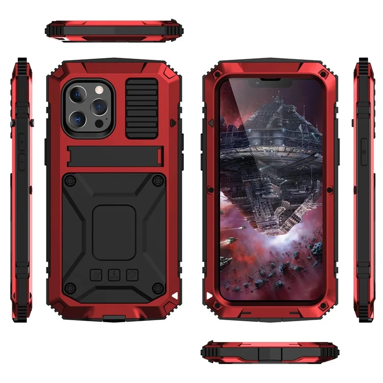 R-juste Cadre de Pare-chocs à Choc en Métal en Métal Silicone Hourning Kickstand Avec Protecteur en Verre Trempé Pour Iphone 13 Mini 5,4 Pouces - Rouge