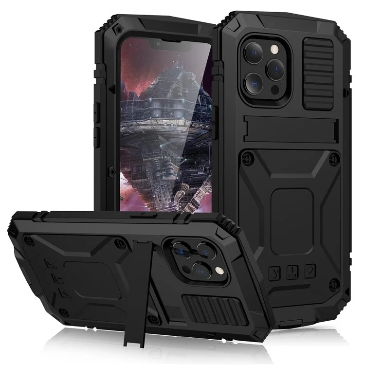 R-JUST Kickstand Silicone Armor Metal Shockproof Cover with Built-in Screen Protector for iPhone 13 Pro Max 6.7 inch - Black