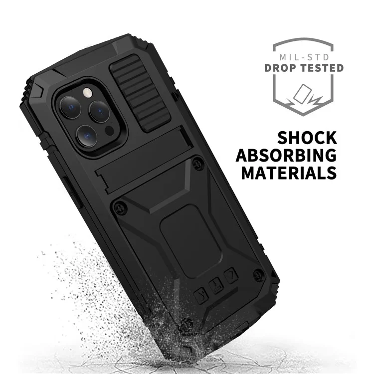 R-JUST Kickstand Silicone Armor Metal Shockproof Cover with Built-in Screen Protector for iPhone 13 Pro Max 6.7 inch - Black