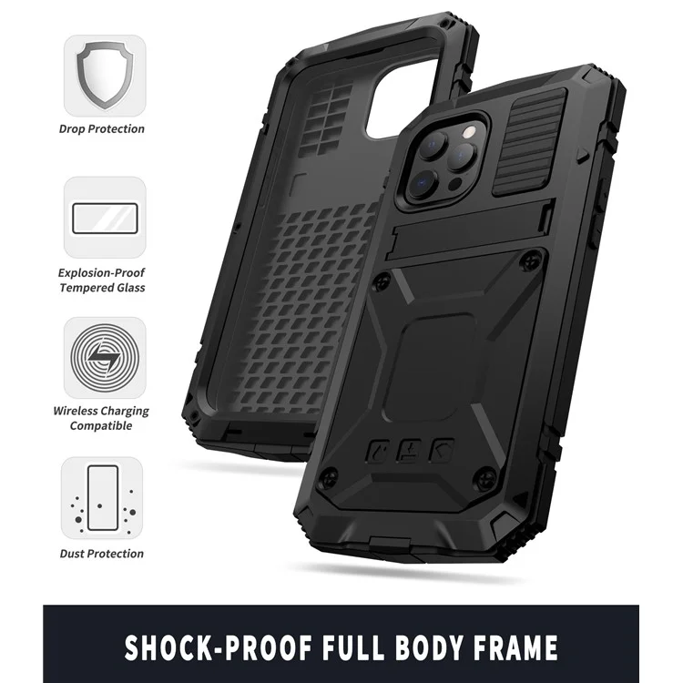R-JUST Kickstand Silicone Armor Metal Shockproof Cover with Built-in Screen Protector for iPhone 13 Pro Max 6.7 inch - Black