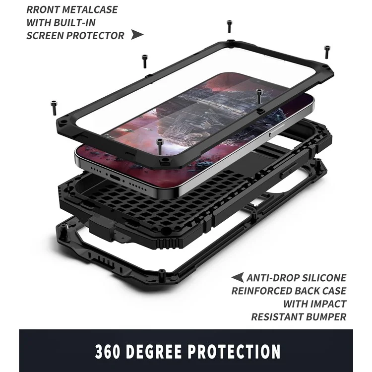 R-JUST Kickstand Silicone Armor Metal Shockproof Cover with Built-in Screen Protector for iPhone 13 Pro Max 6.7 inch - Black