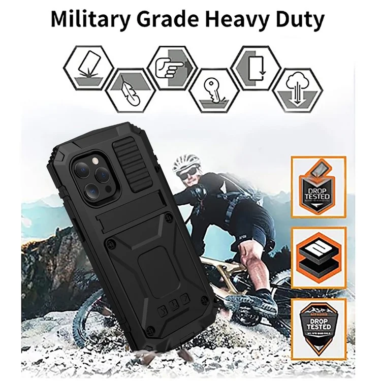 R-JUST Kickstand Silicone Armor Metal Shockproof Cover with Built-in Screen Protector for iPhone 13 Pro Max 6.7 inch - Black