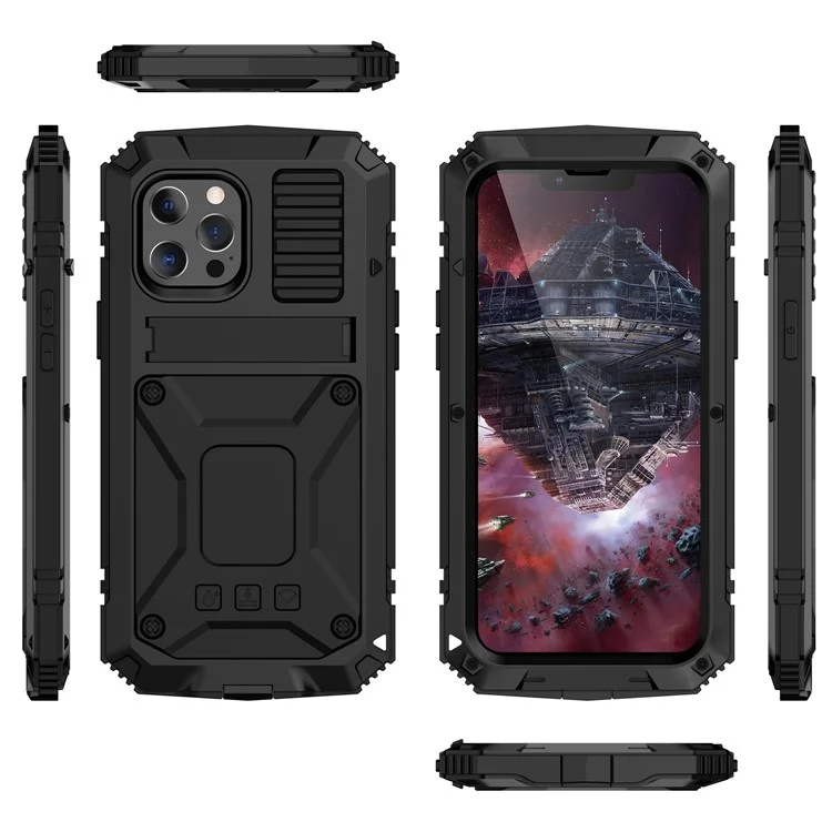 R-JUST Kickstand Silicone Armor Metal Shockproof Cover with Built-in Screen Protector for iPhone 13 Pro Max 6.7 inch - Black