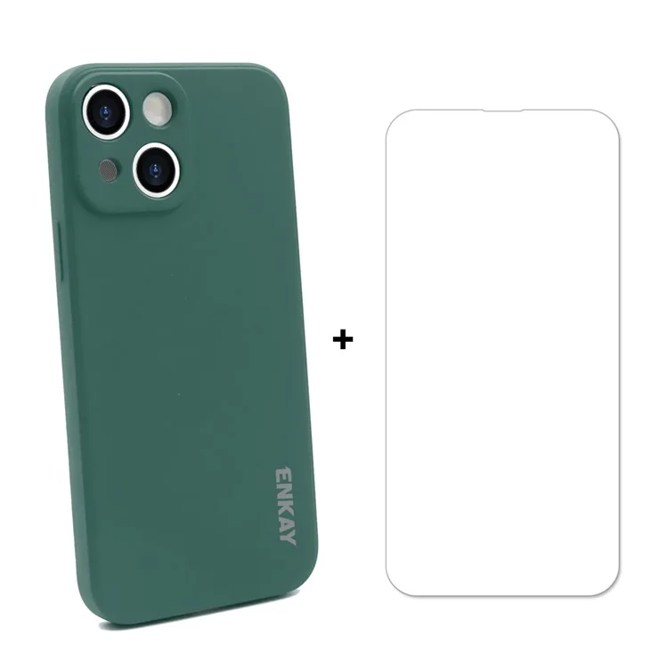 ENKAY HAT PRINCE Straight Edging Liquid Silicone Phone Cover Case + 0.26mm 9H 2.5D Tempered Glass Ultra Clear Protector for iPhone 13 6.1 inch - Dark Green