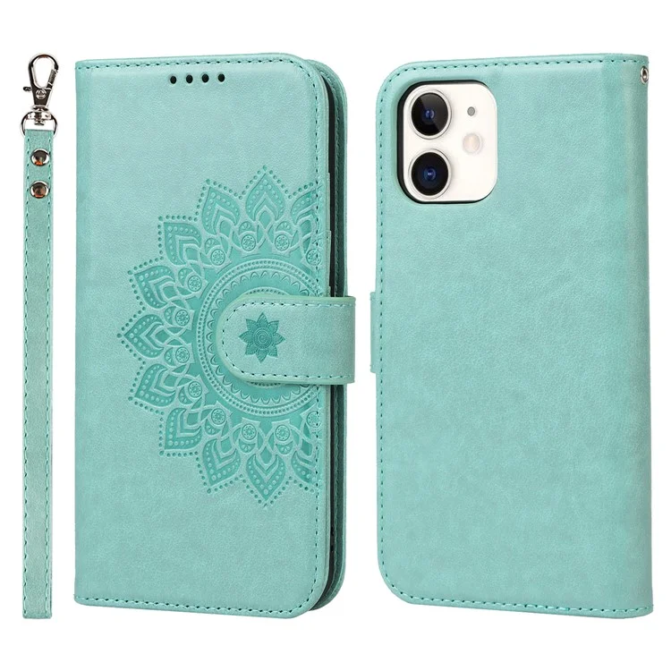 Diseño de Costura Talada R61 Textura PU Leather Willet Telep Shell Con Impresión de Patrones Para Iphone 12 Mini 5.4 Pulgadas - Verde Claro