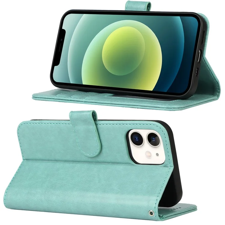 Diseño de Costura Talada R61 Textura PU Leather Willet Telep Shell Con Impresión de Patrones Para Iphone 12 Mini 5.4 Pulgadas - Verde Claro