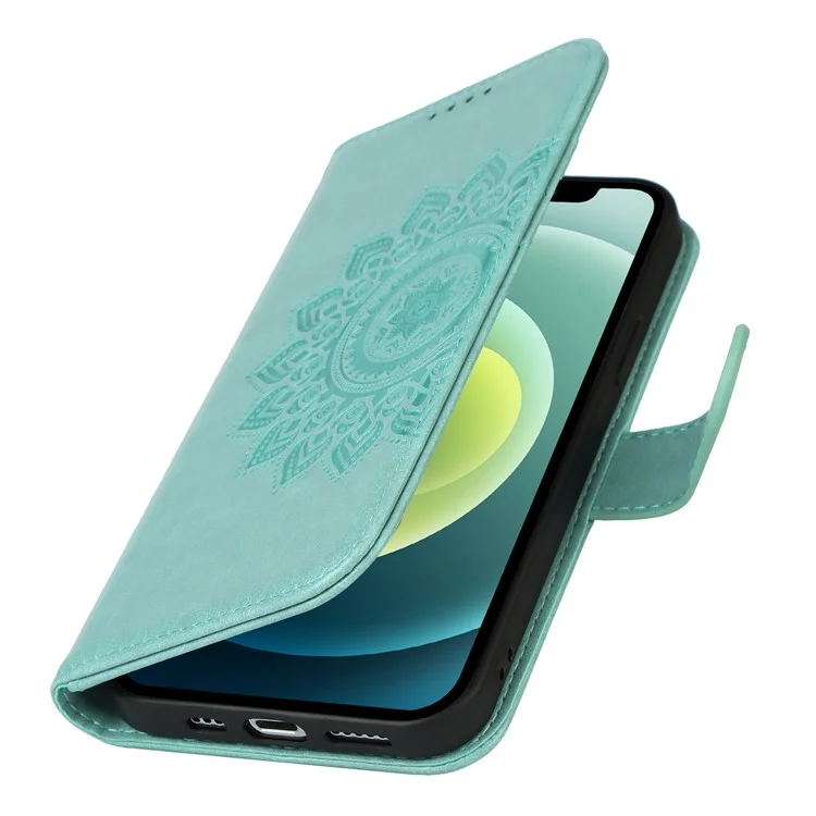 Diseño de Costura Talada R61 Textura PU Leather Willet Telep Shell Con Impresión de Patrones Para Iphone 12 Mini 5.4 Pulgadas - Verde Claro