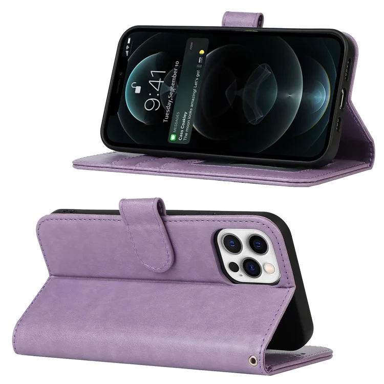 R61 Textur Felled Naht Design Muster Prägen PU Leder Brieftasche Mobile Cover Shell Für Iphone 12 Pro Max 6,7 Zoll - Violett