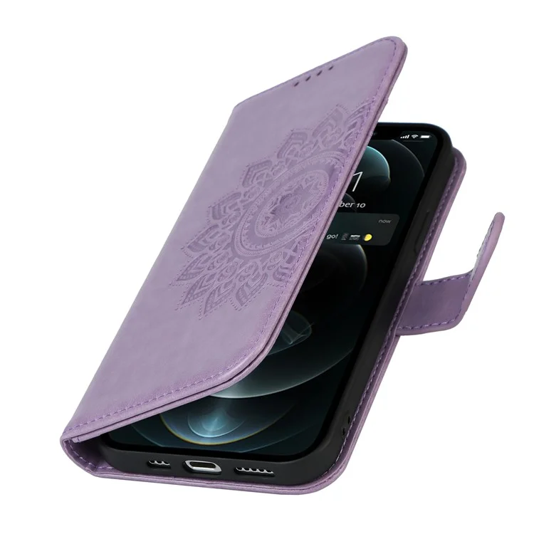 R61 Textur Felled Naht Design Muster Prägen PU Leder Brieftasche Mobile Cover Shell Für Iphone 12 Pro Max 6,7 Zoll - Violett