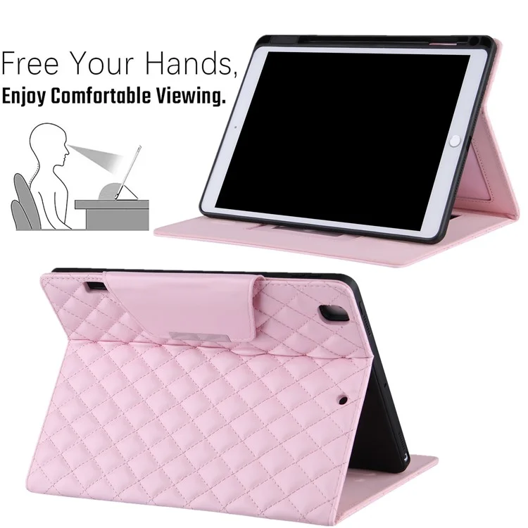 Embroidery Grids with Quality Hardware Leather Stand Wallet Tablet Cover for iPad 10.2 (2021)/(2020)/(2019)/Pro 10.5-inch (2017)/Air 10.5 inch (2019) - Pink