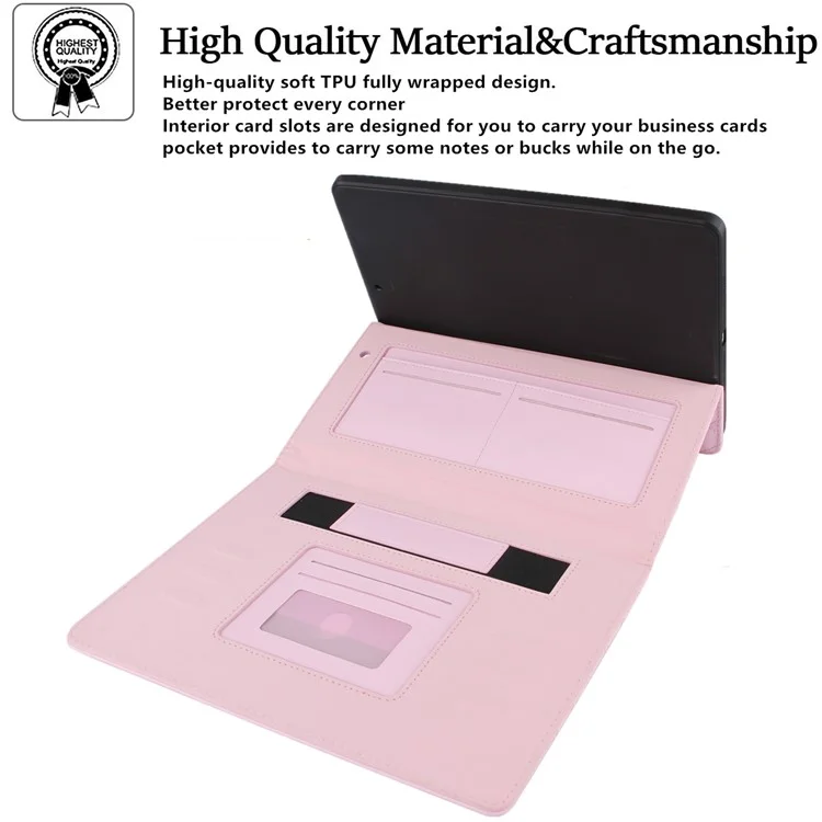 Grades de bordado com suporte de carteira de couro de qualidade para tablet iPad 10.2 (2021)/(2020)/(2019)/Pro 10.5 polegadas (2017)/Air 10.5 polegadas (2019) - Rosa